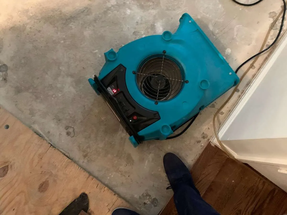 Air mover drying subfloor during Leak Detection & Repair in Downers Grove